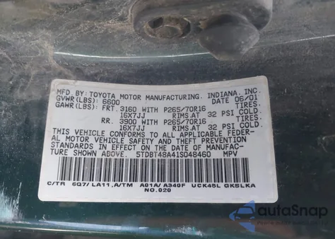 2001 Toyota Sequoia Limited V8 from USA, damaged, VIN 5TDBT48A41S048460